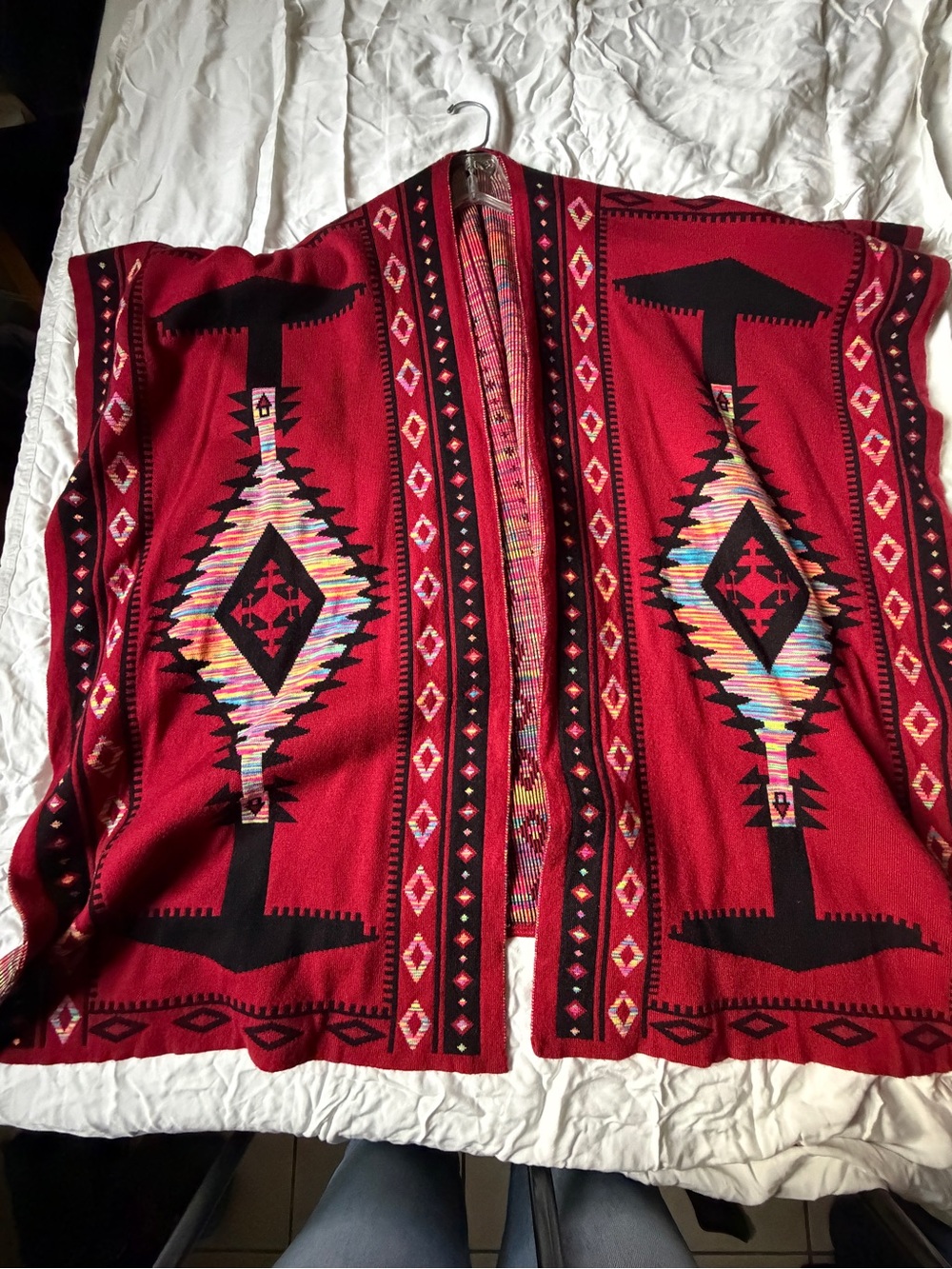 Red Aztec Patterned Open Front Cardigan - Picture 2 of 8